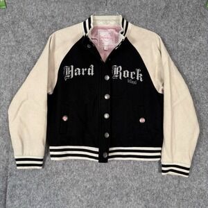 Y2K Hard Rock Cafe Varsity Bomber Jacket Womens Small Black White Rockabilly